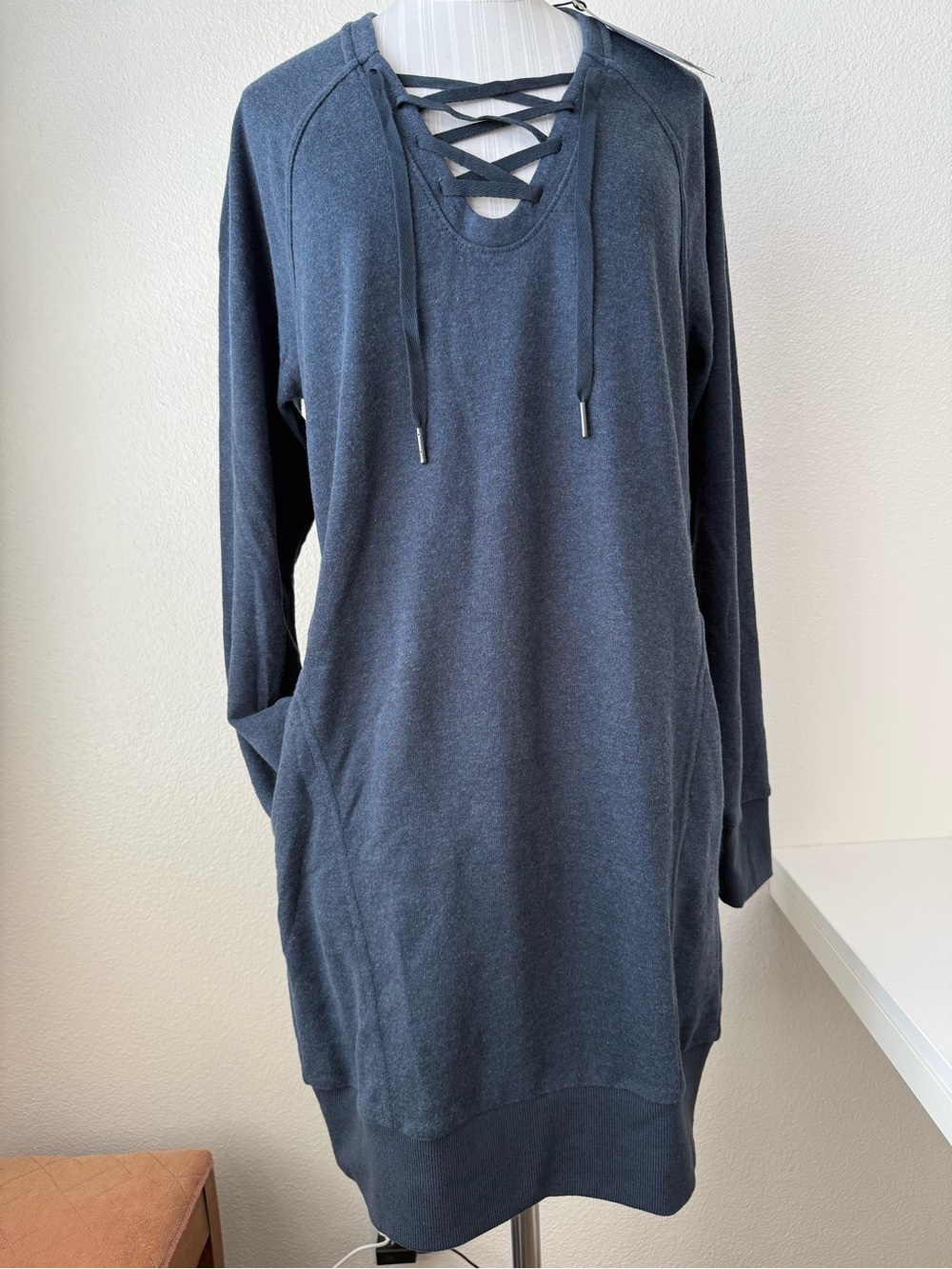 NWT prAna Cozy Up Terry Dress SPF 50+ Blue Gray Lace Up Long Sleeve Size S